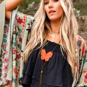 Three bird nest Butterfly Necklace Vegan leather boho